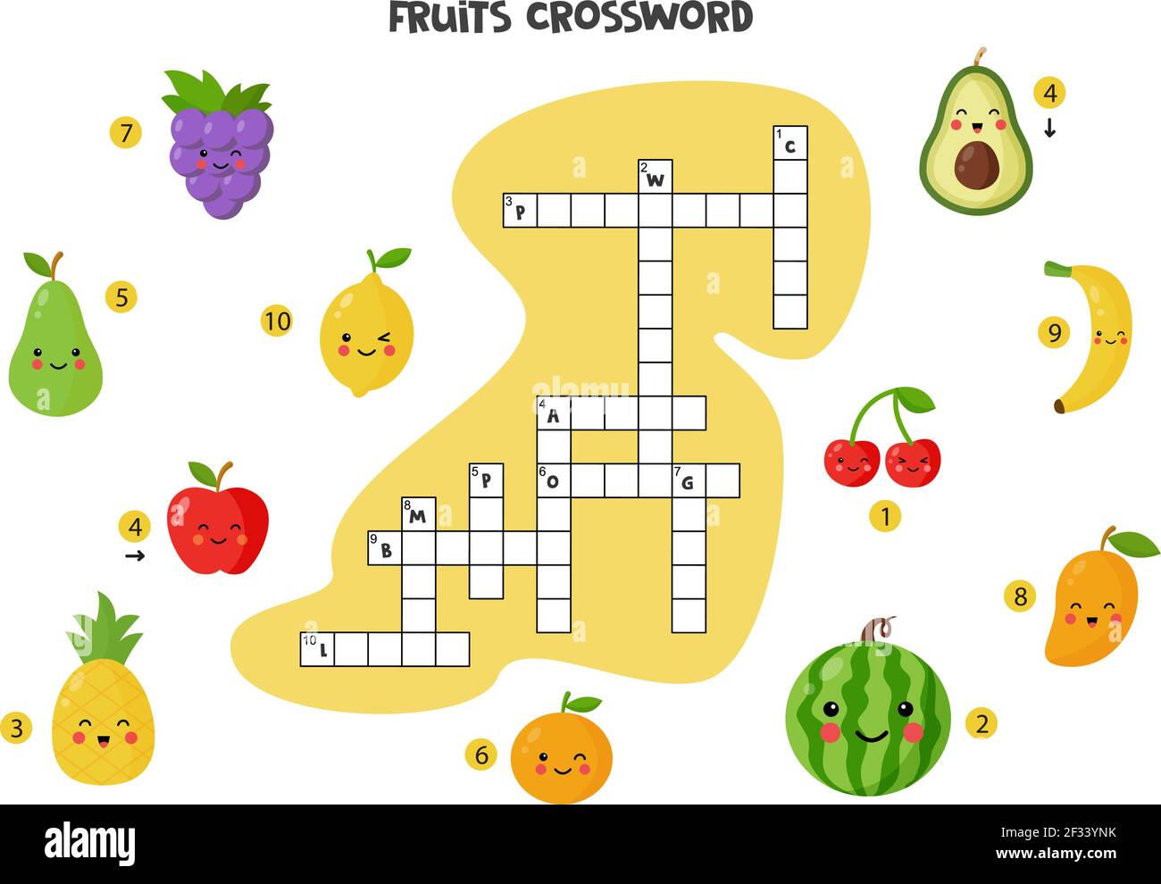 Früchte Kreuzworträtsel für Kinder. Süße lächelnde Früchte. Pädagogisches Spiel für Kinder. Stock Vektor