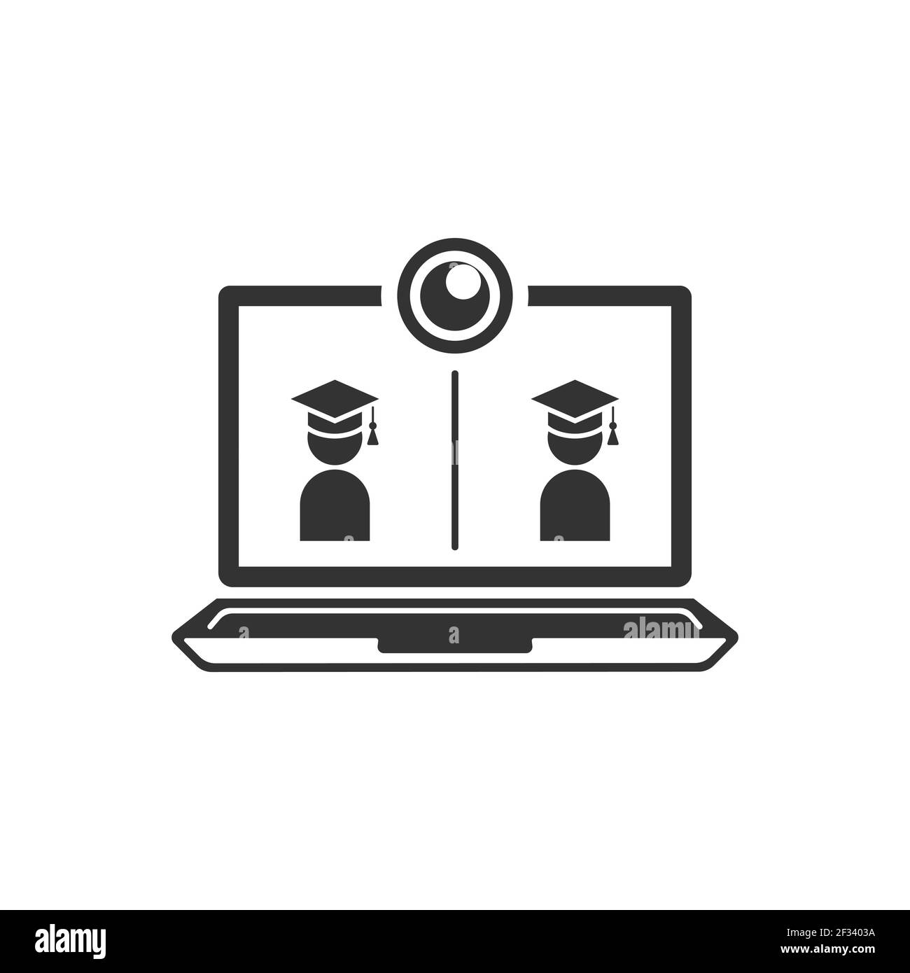 Ein Laptop-Symbol mit einer Webcam und Studenten in akademischen Hüten auf dem Bildschirm. Fernunterricht. Stock Vektor