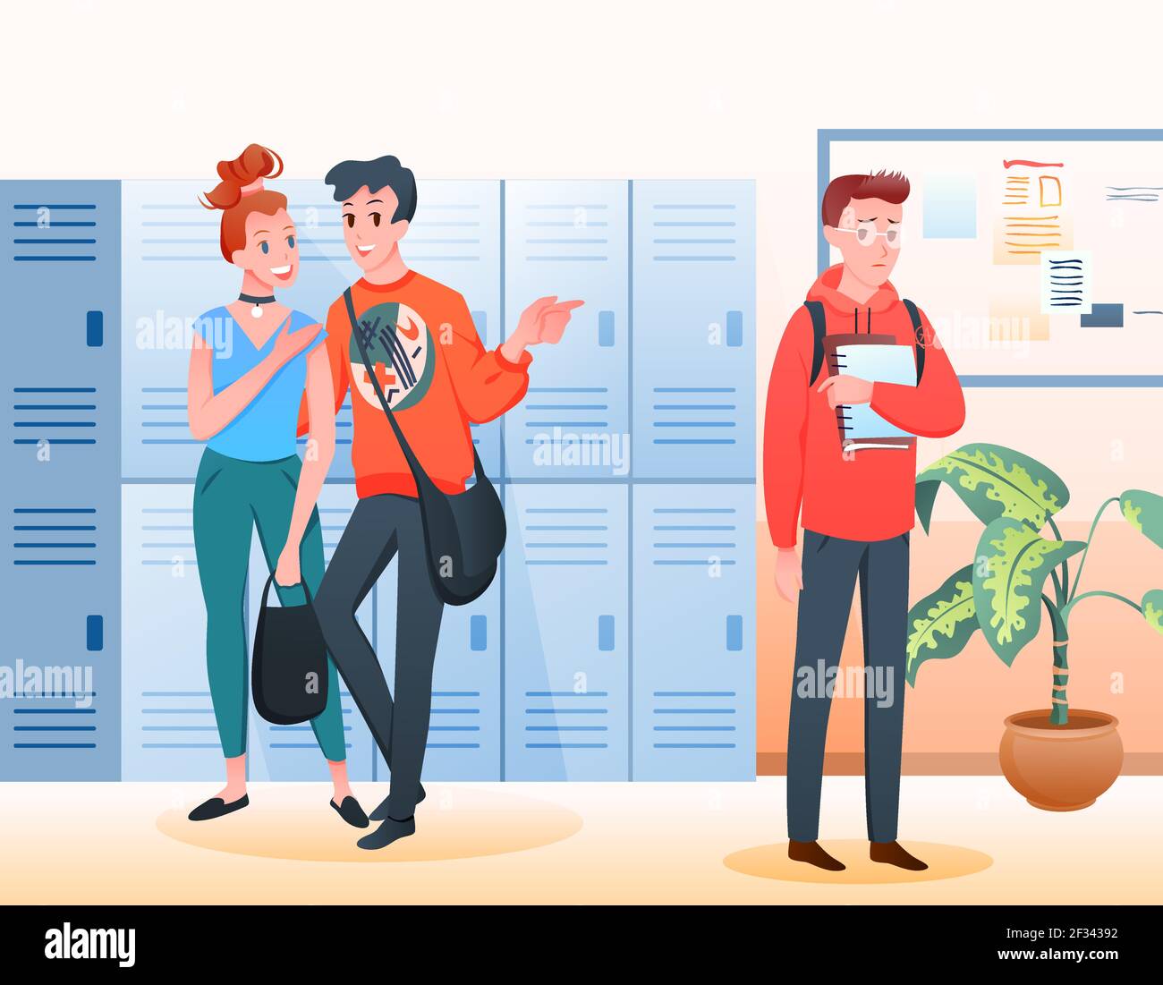 Stop Mobbing Konzept, traurig unglücklich Schuljunge Teenager von lachenden Klassenkameraden umgeben Stock Vektor