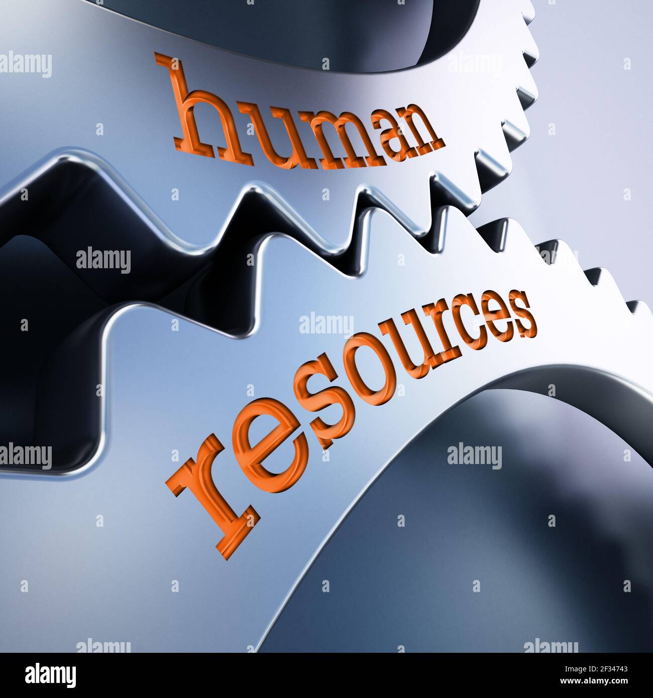 Zwei Gänge in Bewegung mit dem Text der Humanressourcen. 3D Abbildung. Stockfoto