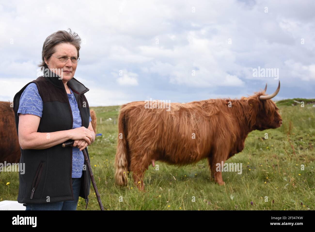 Bäuerin, Lesley Matheson, Highland Cattle, Isle of Lewis, Western Isles, Schottland. VEREINIGTES KÖNIGREICH Stockfoto