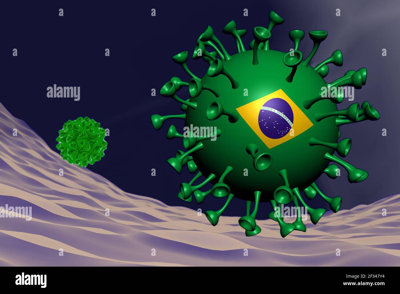 Coronavirus Nahaufnahme mit brasilianischer Flagge inside-it, Variant Virus Concept 3D Illustration Stockfoto