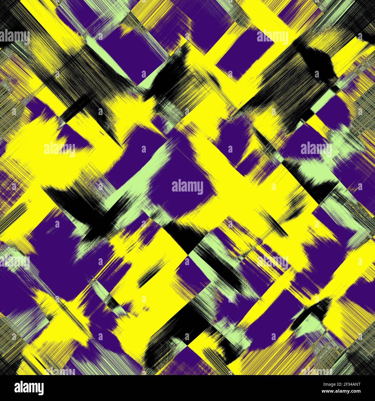 Lila, violett, grün, schwarze Flecken, Pinselstriche, Gelber Hintergrund. Grunge abstrakte Muster, digitale Malerei Imitation. Modernes, stilvolles Design Stockfoto