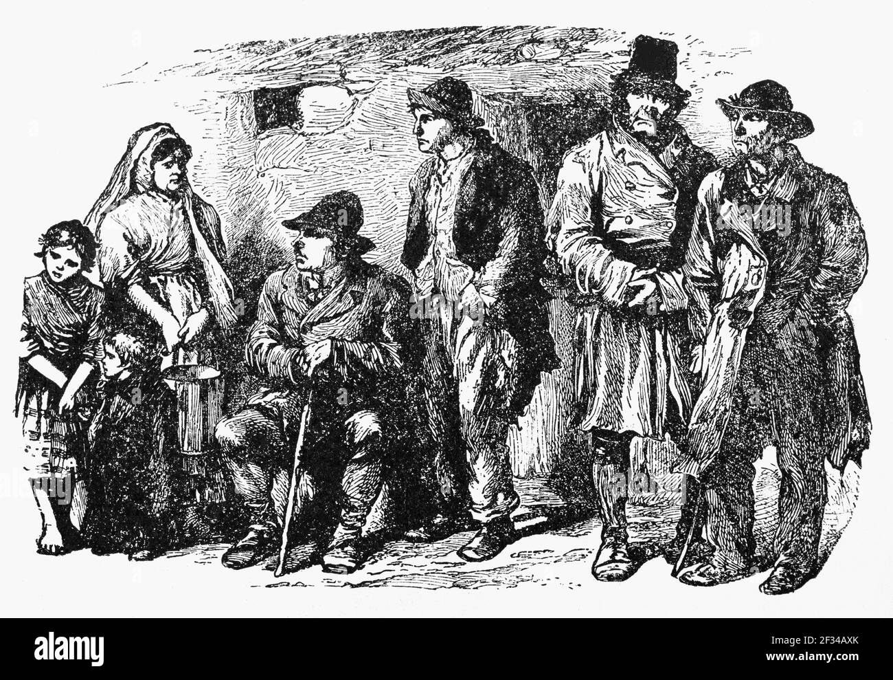 Eine Gruppe von Mondscheinern im 19th. Jahrhundert Connemara, Grafschaft Galway, Irland. Nach der großen Hungersnot und den Vertreibungen irischer Familien durch abwesende Vermieter, die Moonlighters, wurde 1879 eine geheime Organisation gegründet, um Irland von der englischen Herrschaft zu befreien. Stockfoto