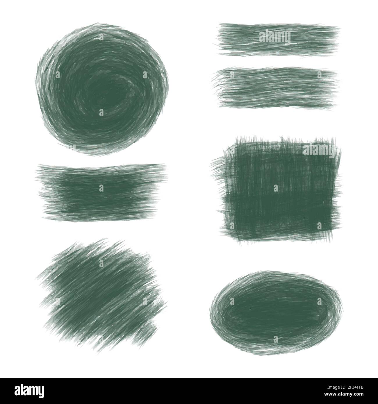 Eine Reihe von grünen trockenen Pinselstrichen und Flecken auf weißem Hintergrund. Farbstift, Buntstift oder Kreide - texturiertes Etikett für das Banner. Vektorgrafiken Stock Vektor