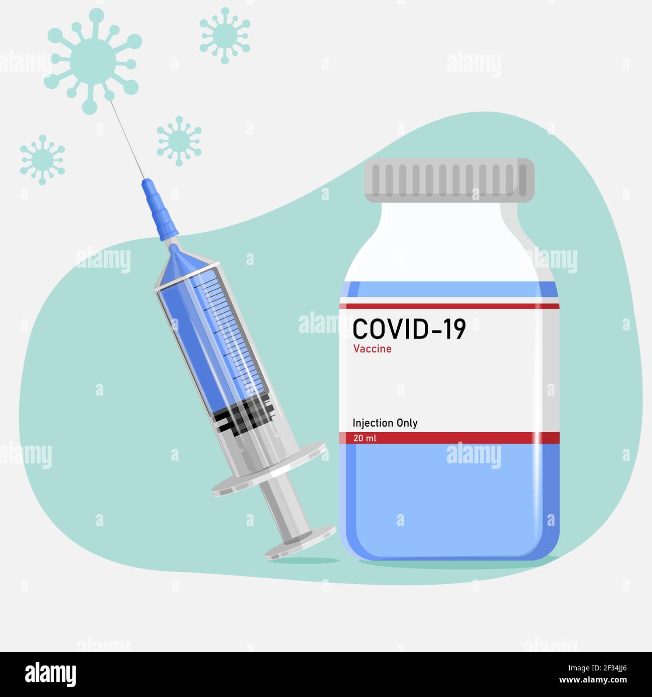 Vektordarstellung des Coronavirus-Impfstoffs. Medizinische Einmalspritze mit Nadel und Impfstoffflasche. Flaches Symbol. Covid 19 Konzept. Stock Vektor