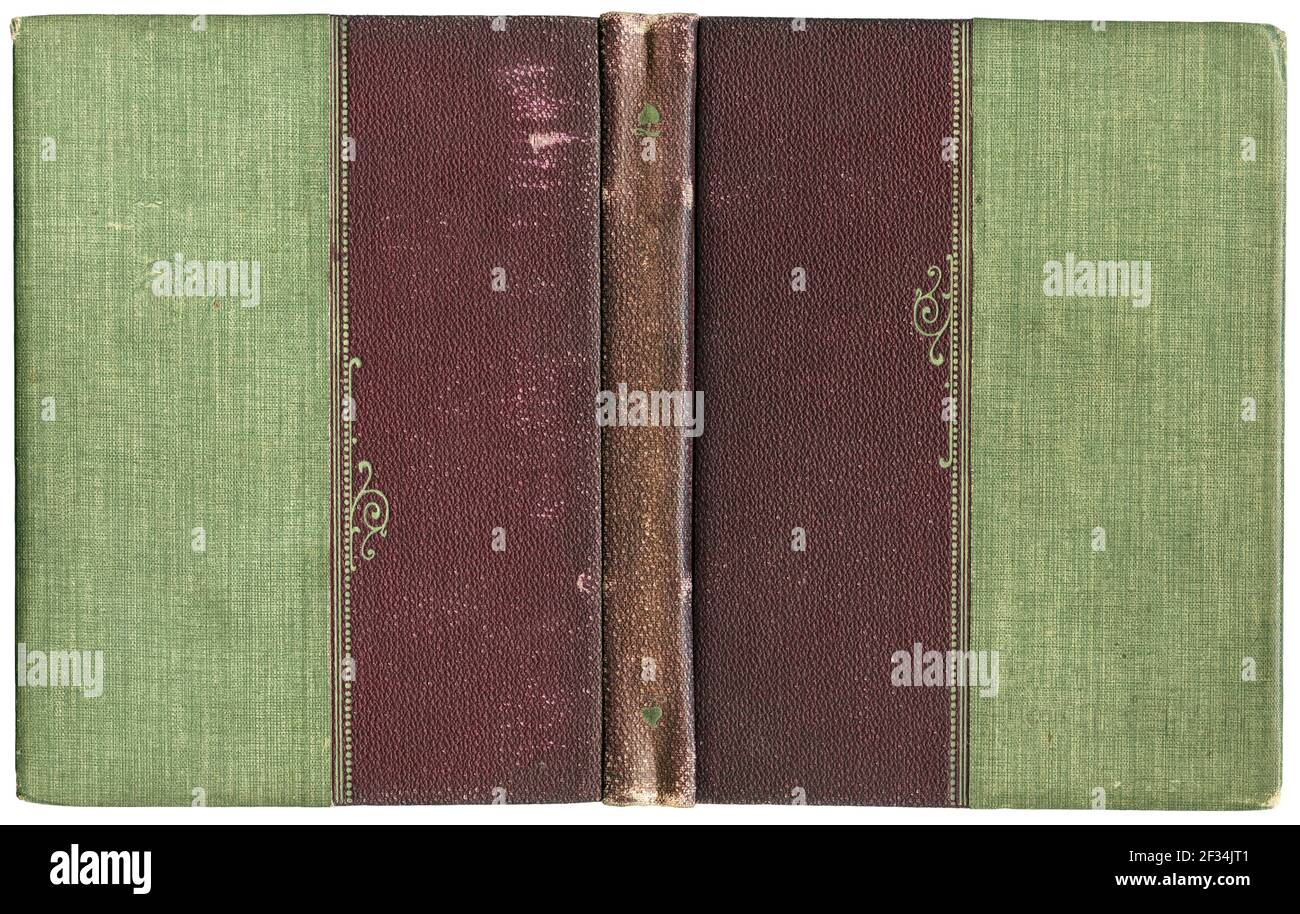 Antikes offenes Buch - vintage dekorierter Leinwandeinband - isoliert Auf weiß mit Beschneidungspfad Stockfoto