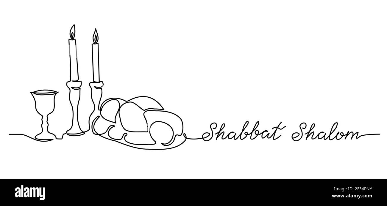 Shabbat Shalom, friedlicher Sabbat, Vektorplakat, Banner, Hintergrund mit Challah, Kerze, Wein. Shabbat Shalom Schriftzug. Stock Vektor