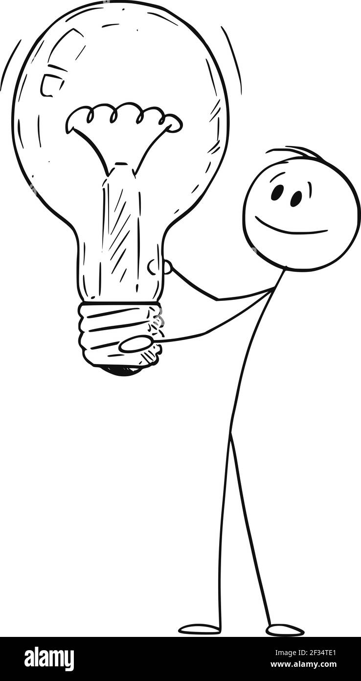 Idee, Mann oder Geschäftsmann halten Glühbirne. Vektor Cartoon Stick Abbildung Stock Vektor