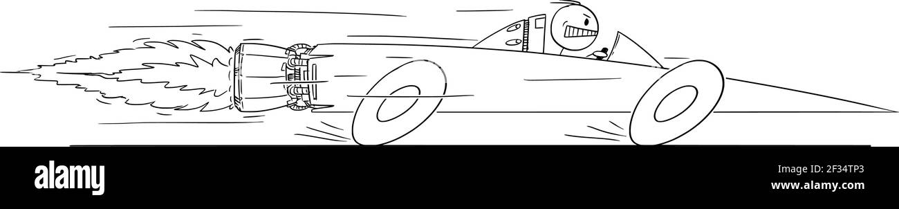 Mann oder Geschäftsmann fahren Superfast Rocket Car, Vektor Cartoon Stick Abbildung Stock Vektor