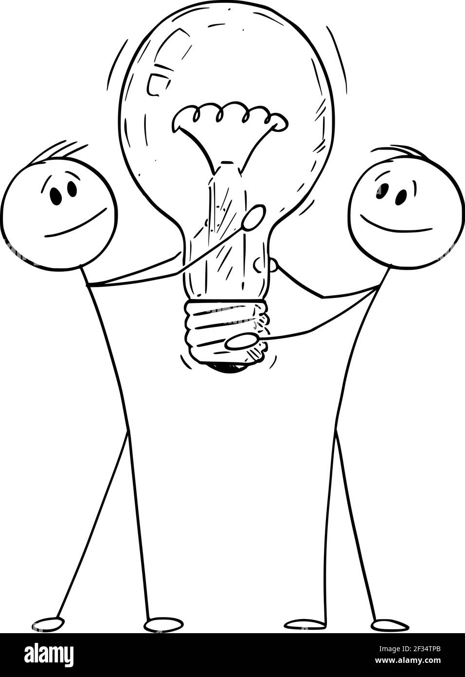 Idee, zwei Männer oder Geschäftsleute halten Glühbirne. Vektor Cartoon Stick Abbildung Stock Vektor
