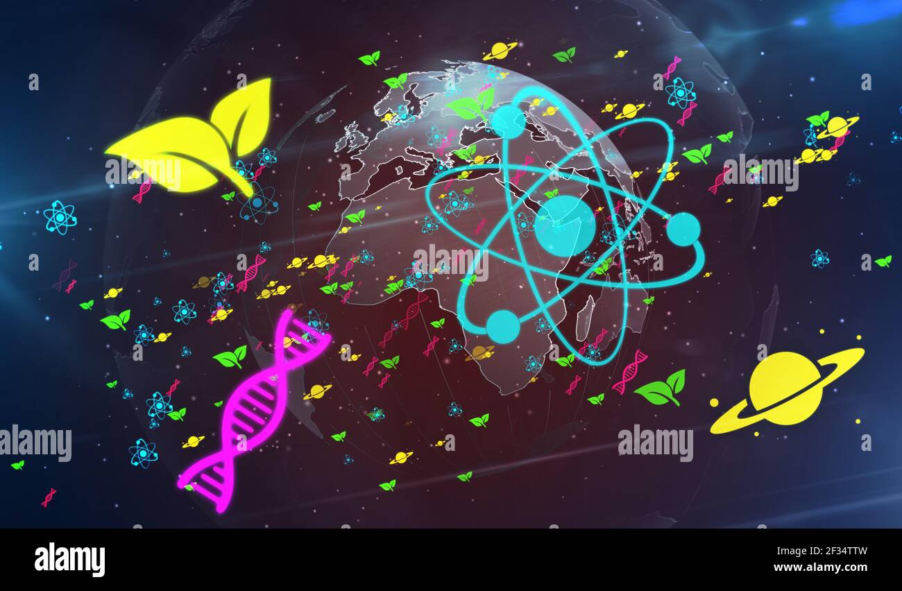 Wissenschaft und Bildung Symbole und Symbole auf digitalen Globus 3D Illustration. Abstraktes Konzept Hintergrund mit Physik, Chemie, Biologie, Astronomie und Stockfoto