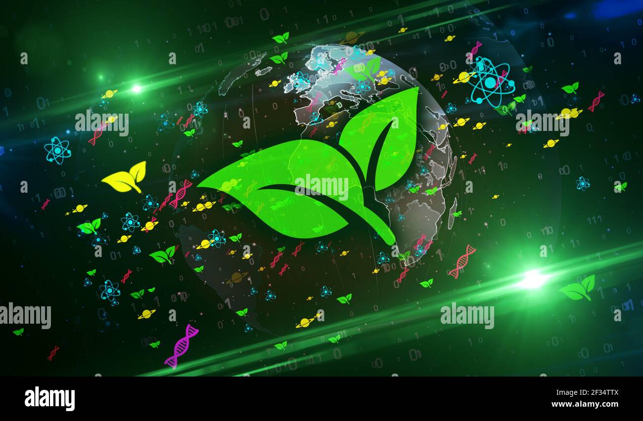 Wissenschaft und Bildung Symbole und Symbole auf digitalen Globus 3D Illustration. Abstraktes Konzept Hintergrund mit Physik, Chemie, Biologie, Astronomie und Stockfoto