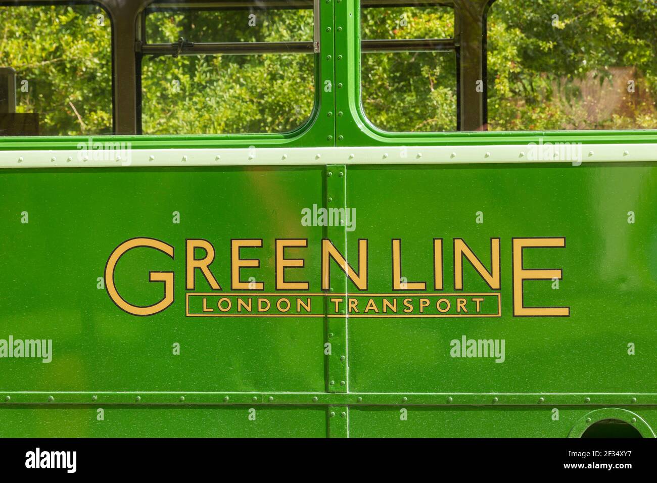 Greenline London Transport - Nahaufnahme Details über grünen Bus am Tag der offenen Tür, Imberbus Veranstaltung in Imber, Salisbury Plain, Wiltshire UK im August Stockfoto