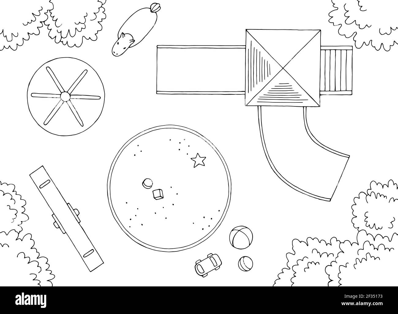 Spielplatz oben Luftbild Grafik schwarz weiß Landschaft Skizze Illustration vektor Stock Vektor
