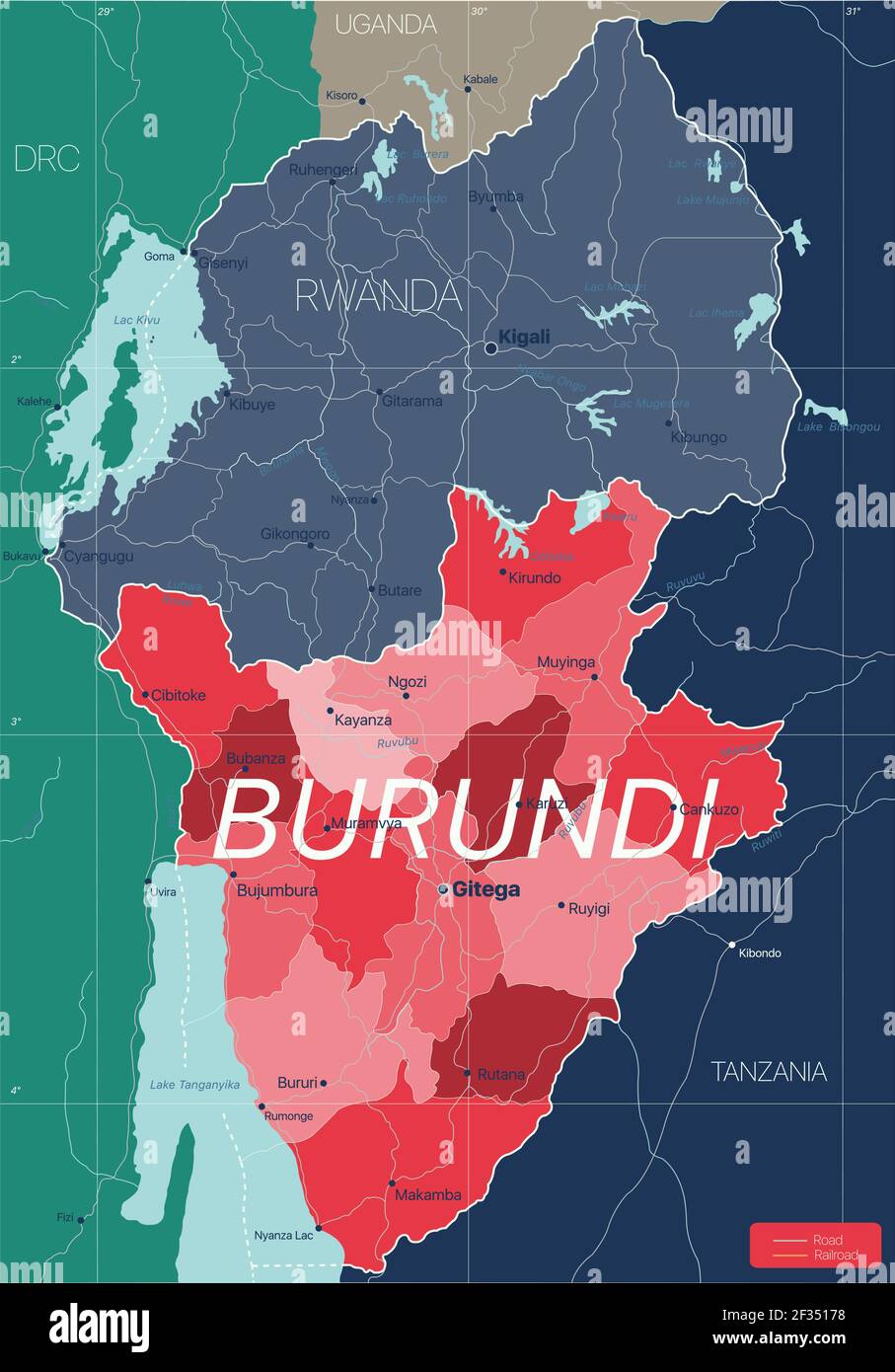 Burundi Land detaillierte editierbare Karte mit Regionen Städte und Städte, Straßen und Eisenbahnen, geografische Standorte. Vector EPS-10-Datei Stock Vektor