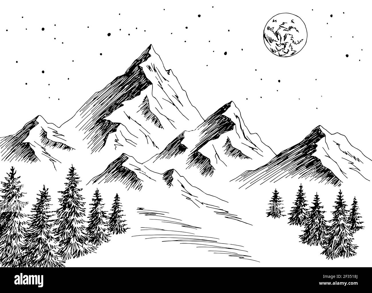 Berg Nacht Grafik schwarz weiß Landschaft Skizze Illustration Vektor Stock Vektor