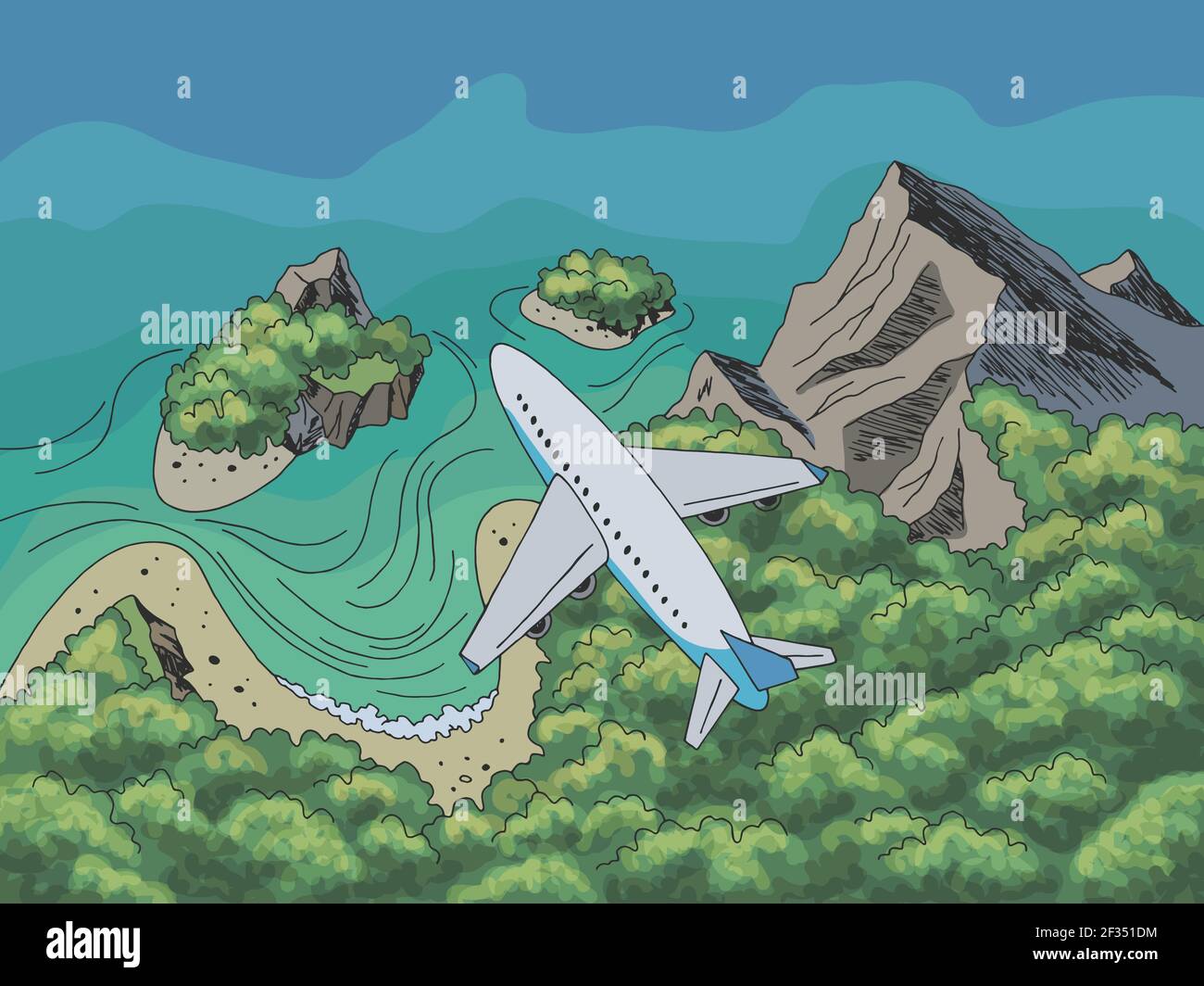 Flugzeug fliegen über die Küste Grafik Reise Farbe Landschaft Luftaufnahme von oben Skizzendarstellung Vektor Stock Vektor