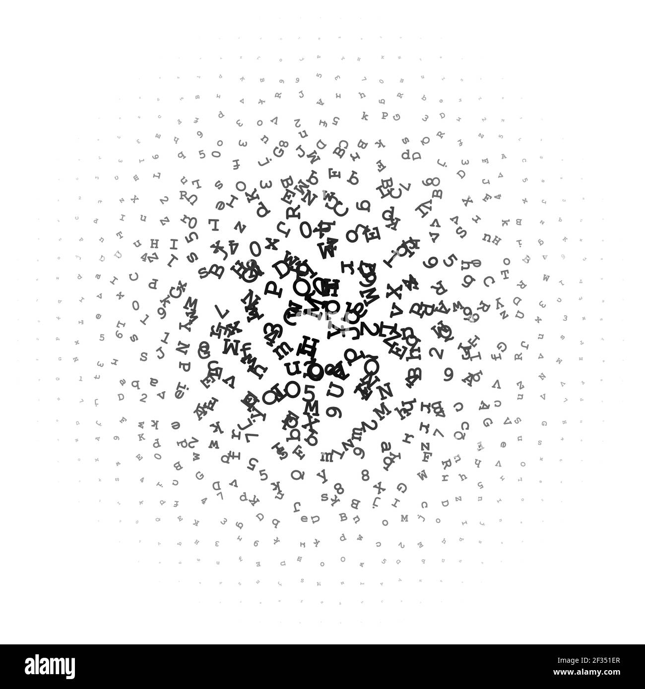 Halbtonkreis aus Buchstaben und Ziffern Stockfoto