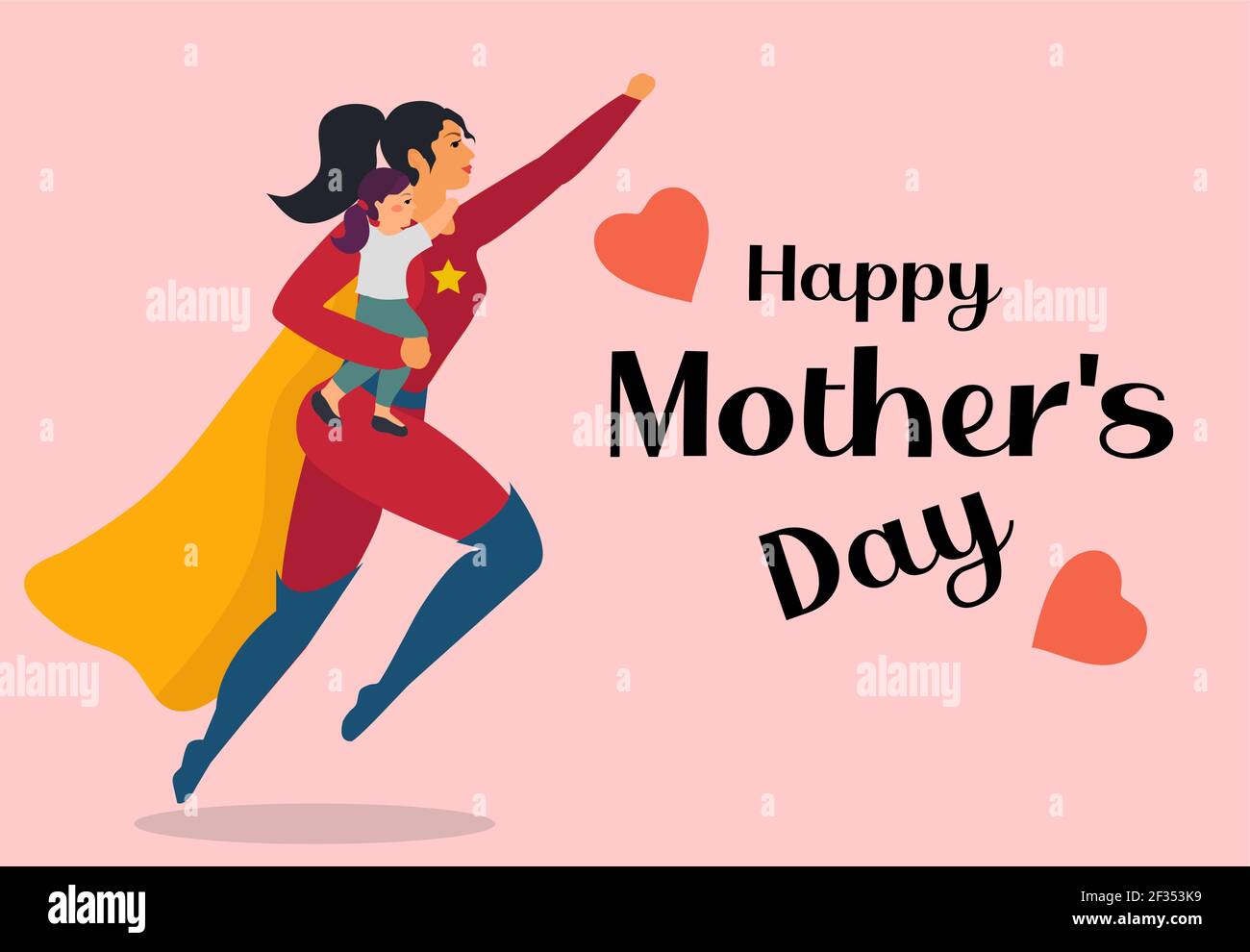 Super Mama mit ihrer Tochter. Superheldin Frau mit ihrem Kind. Happy Mothers Day Konzept. Vektorgrafik Stock Vektor