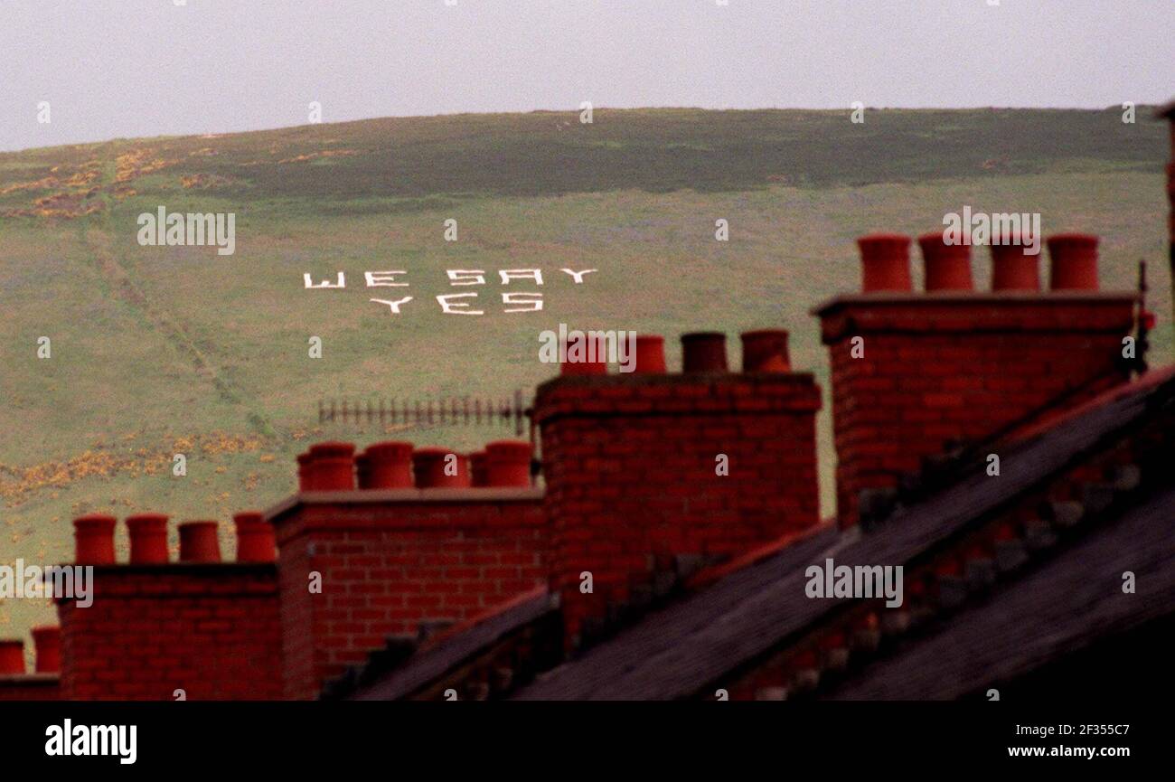 Auf den Hügeln über Belfast Nordirland ein positives Zeichen Für die Abstimmung über das Referendum Stockfoto