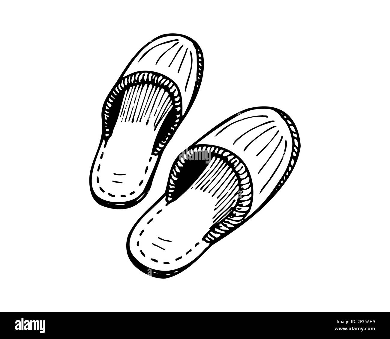 Schlafen Hausschuhe Paar handgezeichnete Skizze. Heimschuhe Paar schwarz und weiß Doodle. Vektor-isolierte eps-Abbildung Stock Vektor