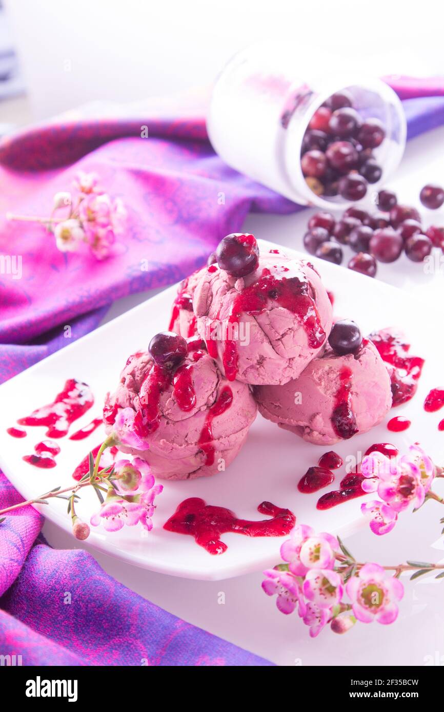Hausgemachtes Eis mit schwarzen Johannisbeeren. Stockfoto