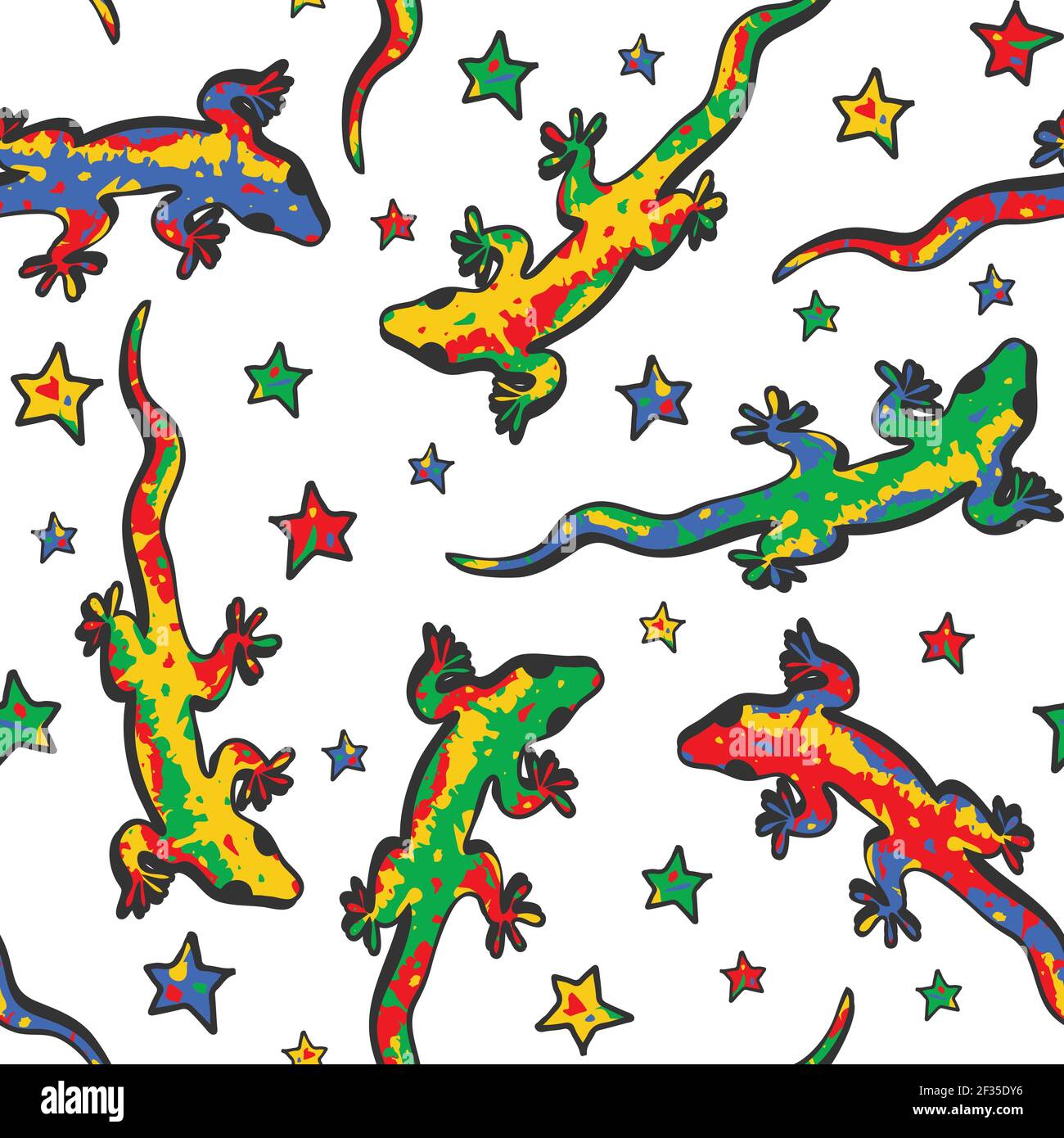 Nahtloses Vektormuster mit Eidechsen und Sternen auf weißem Hintergrund. Niedliche Tapete-Design mit bunten Geckos. Tiermode Textil. Stock Vektor