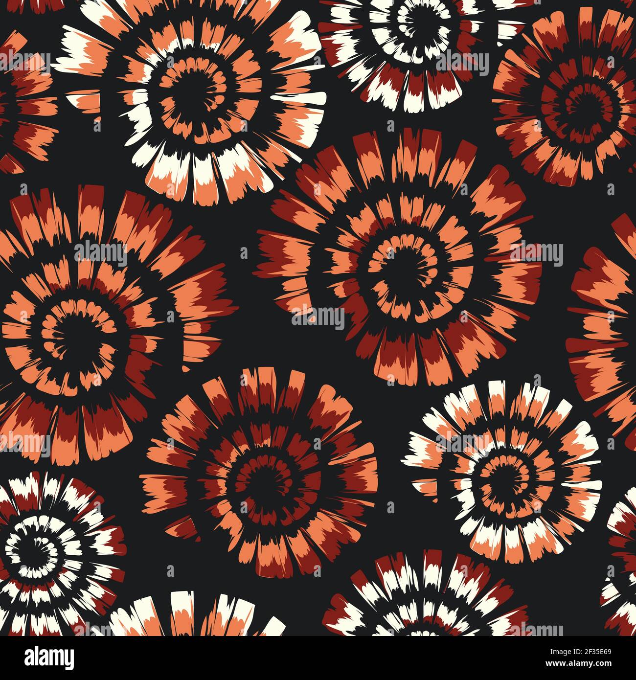 Nahtloses Vektormuster mit Farbwirbel auf schwarzem Hintergrund. Künstlerische Muschel Krawatte Farbstoff Tapete Design. Dekorative Spirale Mode Textil Textur. Stock Vektor