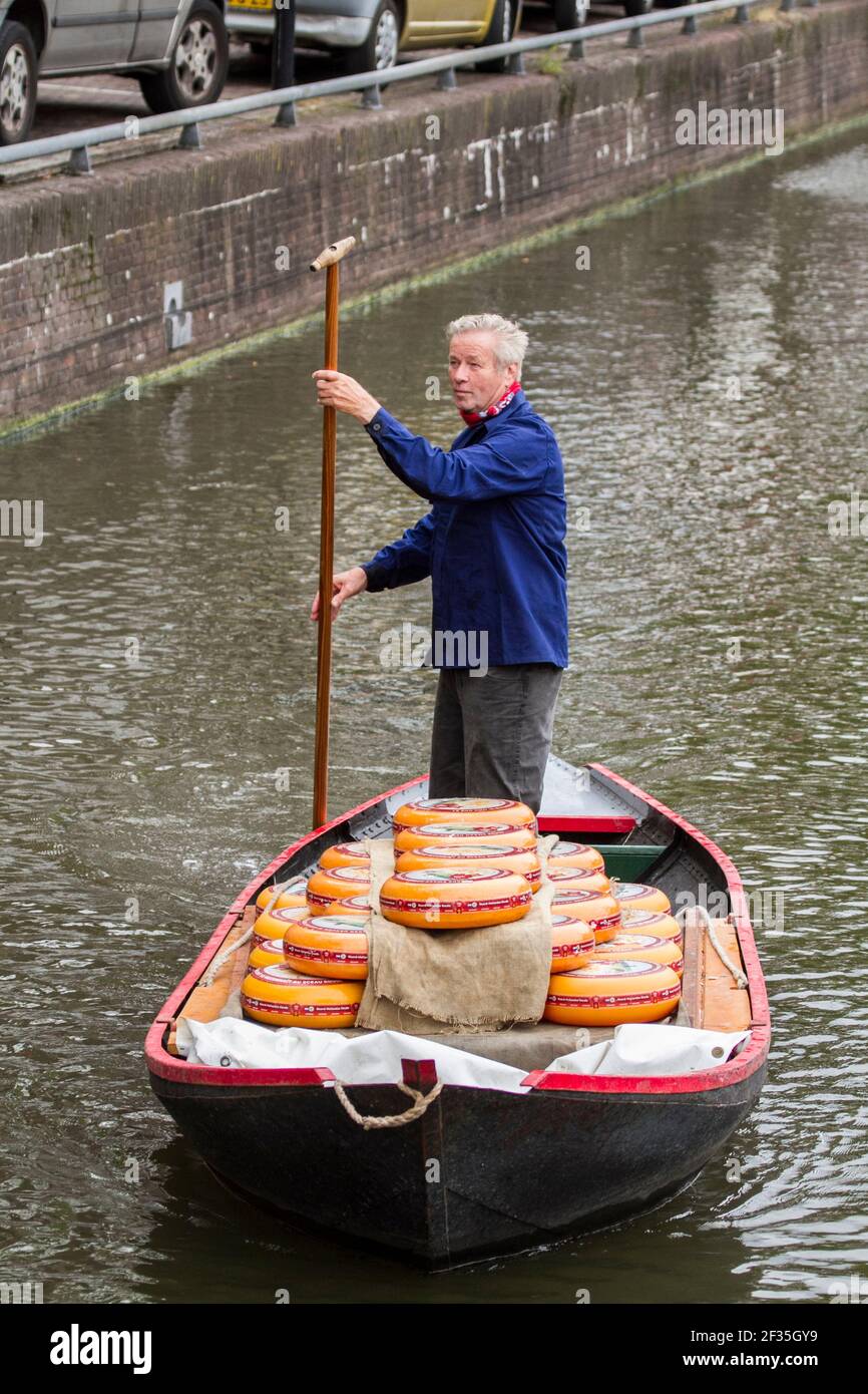 Niederlande, Nordholland, Alkmaar. Mann liefert gelbe Räder von holländischem Käse, mit dem Boot zum Käsemarkt. Stockfoto