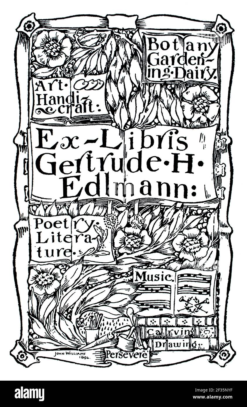 1894 ‘persevere’ Exlibris Design für Gertrude H (Harriet) Edlmann von John Williams Stockfoto