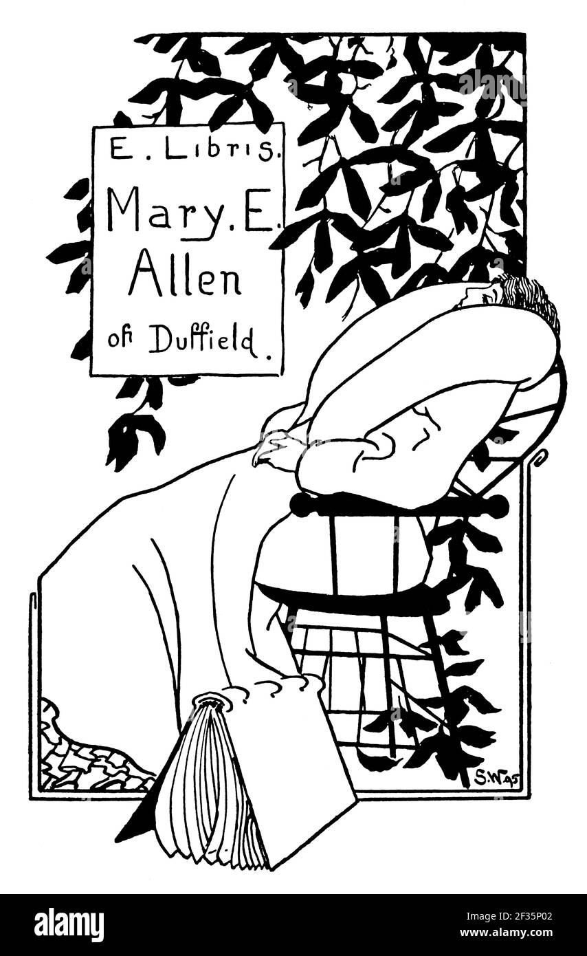 Frau schläft im Stuhl 1995 Exlibris Design für Mary E Allen von ‘The Snark’ Illustrator Starr Wood Stockfoto