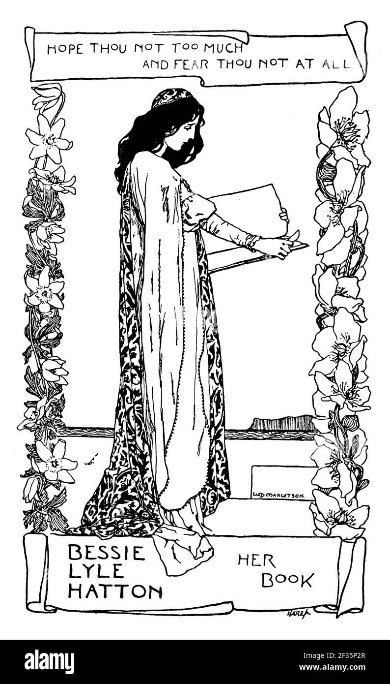 Hope Thou Too Much Exlibrite für Schauspielerin, Dramatikerin, Journalistin und Feministin Bessie Lyle Hatton, entworfen vom Maler und Illustrator William Henry M. Stockfoto