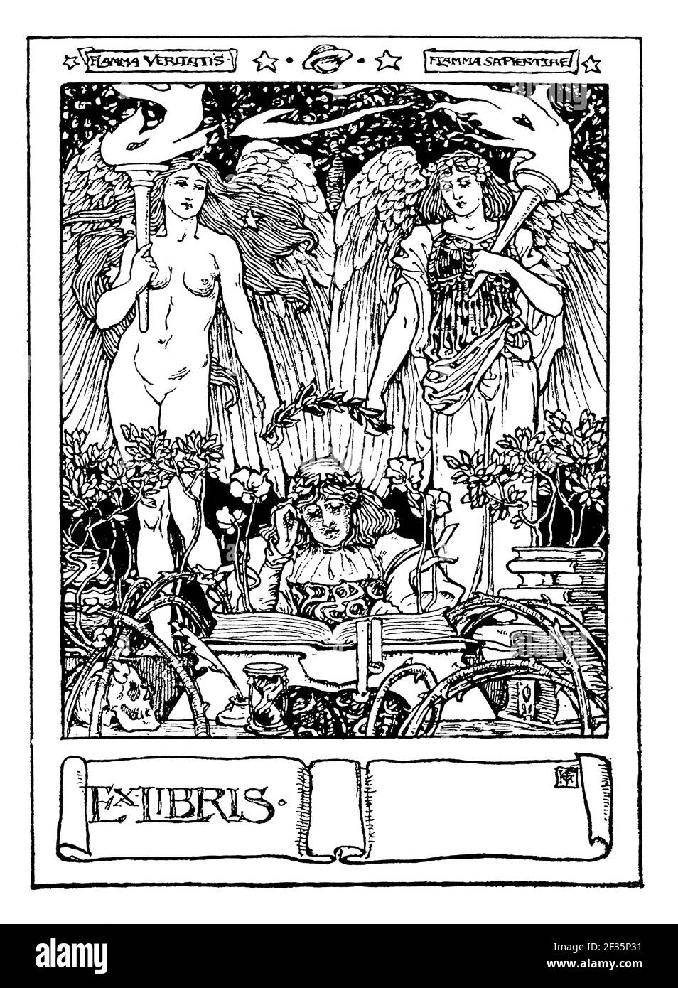 Zwei weibliche Figuren blanko Exlibris-Exlibris-Exlibris, entworfen von Illustrator H Granville Fell Stockfoto