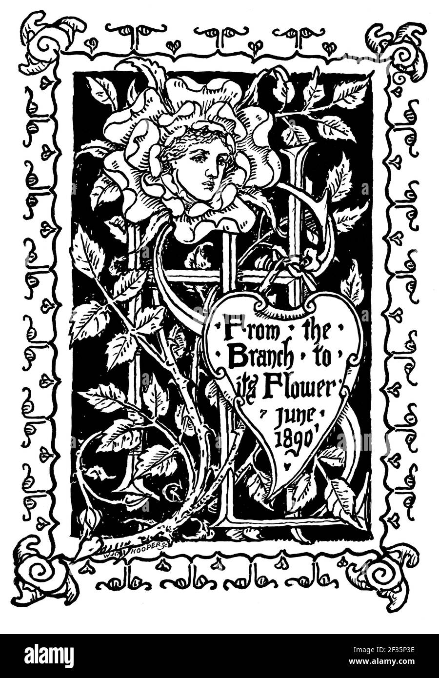 1890 vom Ast bis zum Blumen-Holzschnitt-Exlibris gestaltet Für May Morris (Frau Sparling) Von dem britischen Illustrator und Pädagogen Walter Crane Stockfoto