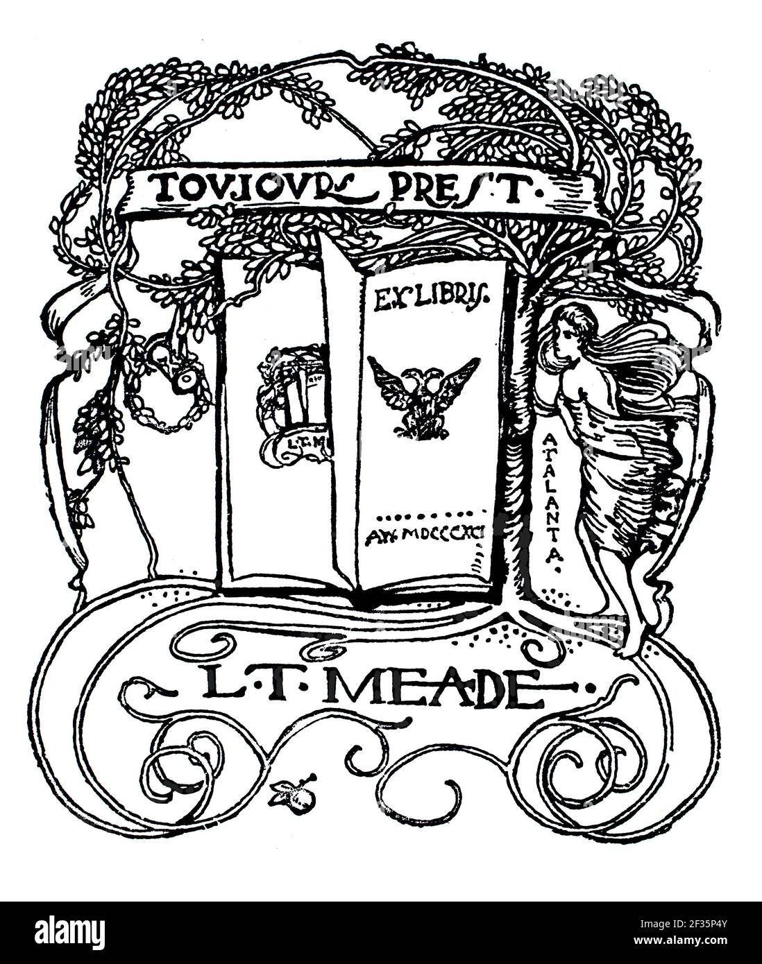 1891 Toujours Prest ‘Always ready’ Motto-Exlibris für Iren Autor L T Meade von dem britischen Tierkünstler Alan Wright Stockfoto