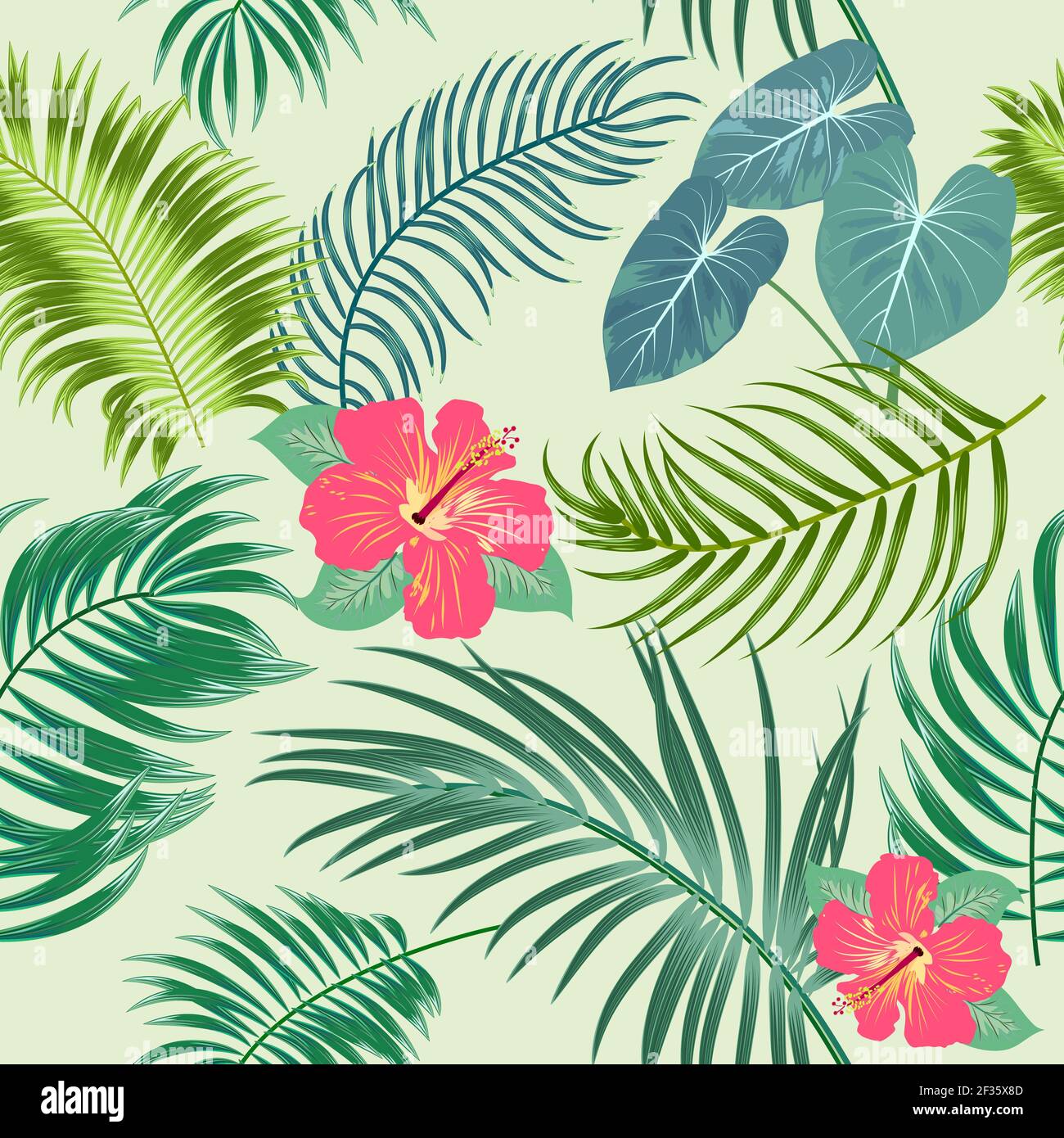Tropischer Vektor nahtloses Muster mit Blättern von Palmen und Blumen. Botany hellen Hintergrund, Dschungel Tapete. Stock Vektor
