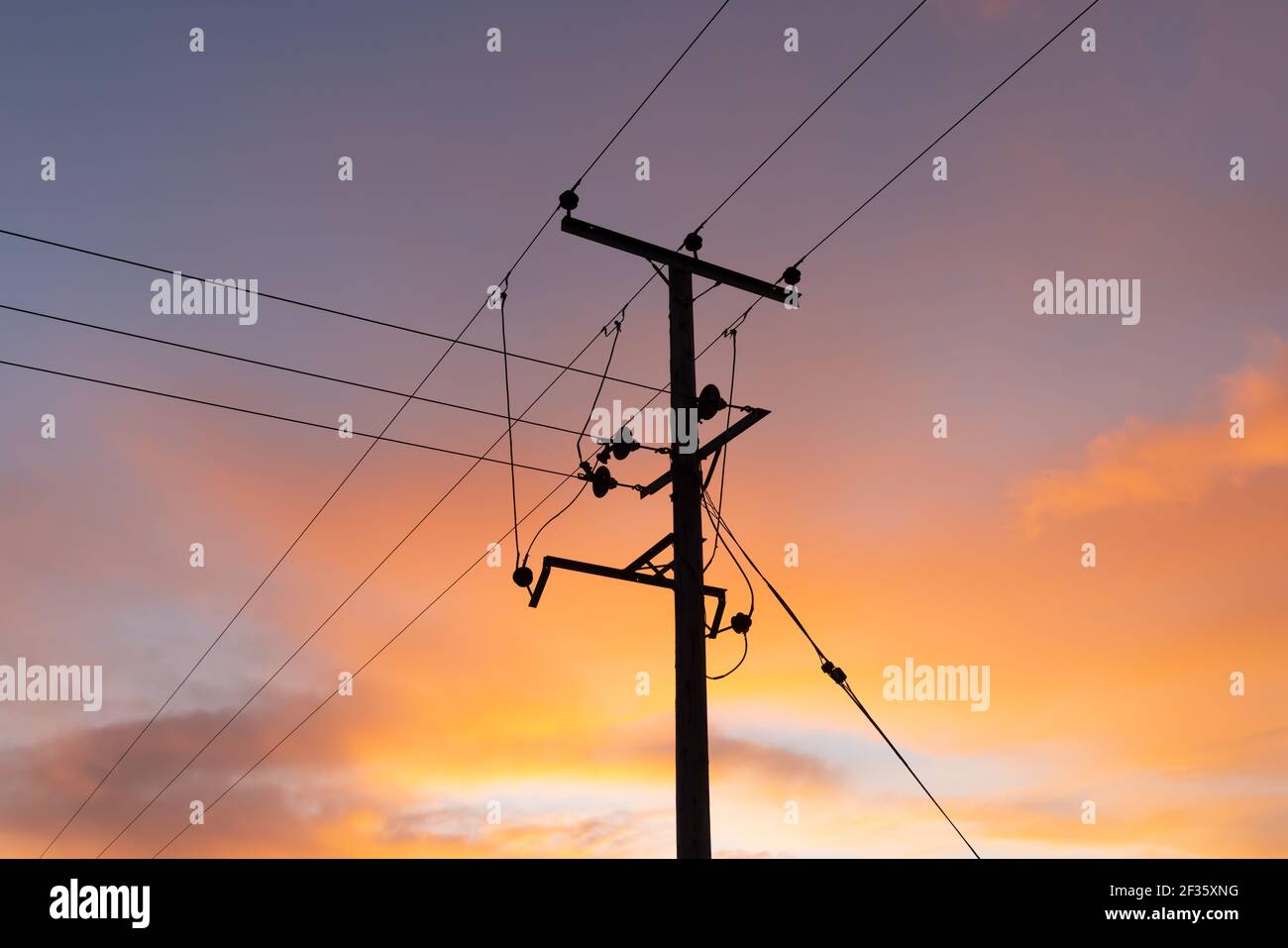 Hölzerner Stromverteilerstange mit Kabeln bei Sonnenuntergang. Hertfordshire, Großbritannien. Stockfoto