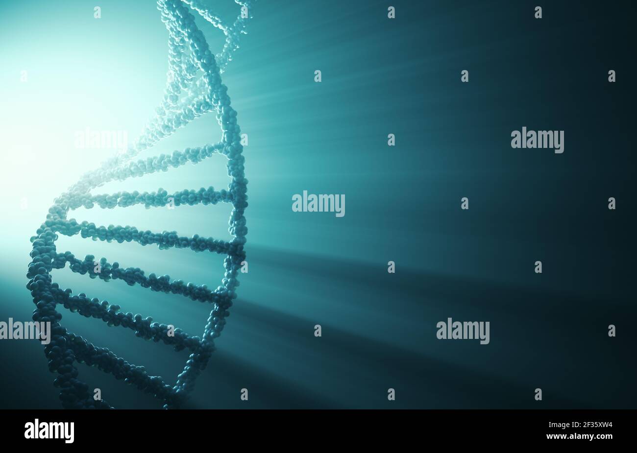 DNA-Molekül im Vordergrund und Bildschirm im Hintergrund mit DNA-Sequenzierung. Stockfoto