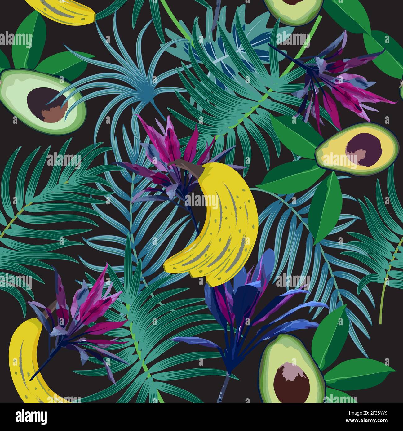 Nahtloses Muster mit tropischen Palmenblättern, Avocado, Banane und Blumen. Botany Vektor Hintergrund, Dschungel Tapete. Stock Vektor