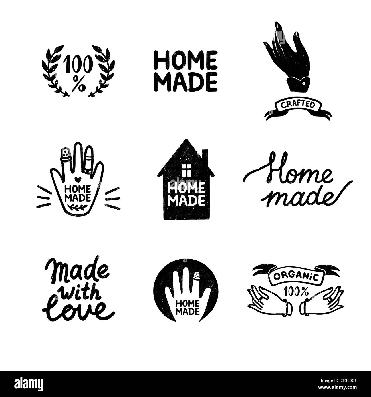 Set mit selbstgemachten Stempellogos - Vintage-Ikonen im Stempelstil, selbstgemachte Schriftzüge mit niedlichen Haus- und Handsilhouetten. Vintage Vektor Illustration für BA Stock Vektor