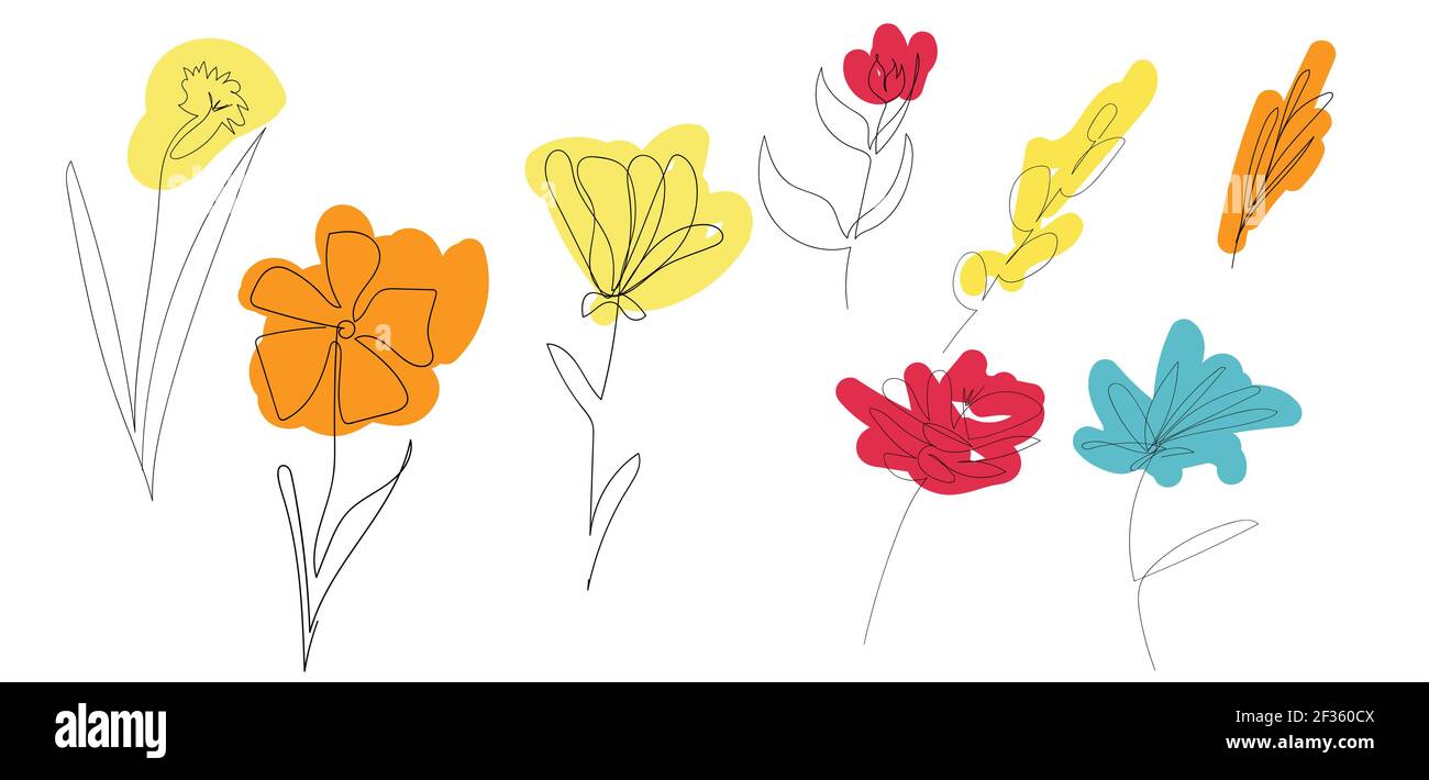 Set von verschiedenen Arten von Blumen. Eine Linie Kunst. Schöne Blumen kontinuierliche Linie Kunst mit farbigen Flecken. Abstrakte minimale Handzeichnung Skizze. isola Stock Vektor