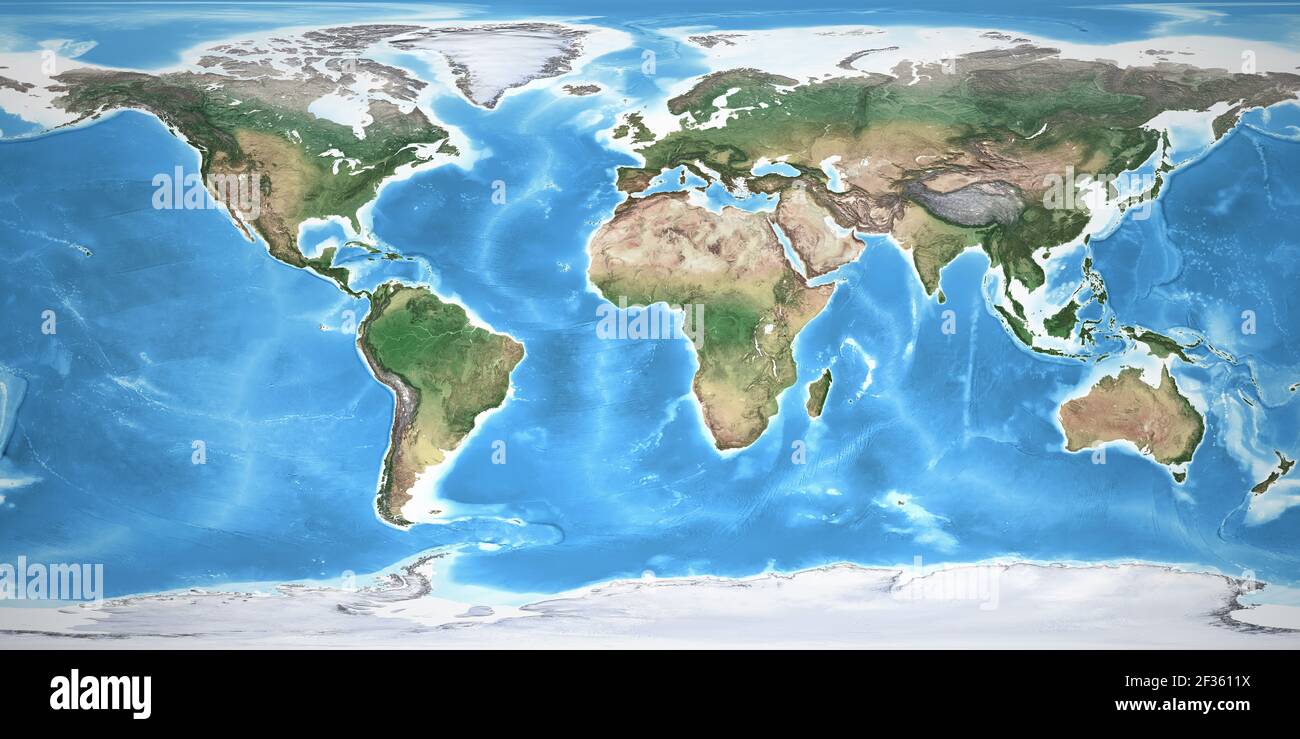 Physische Karte der Welt, mit hochauflösenden Details. Abgeflachte Satellitenansicht des Planeten Erde, seiner Geographie und Topographie. NASA-Elemente. Stockfoto