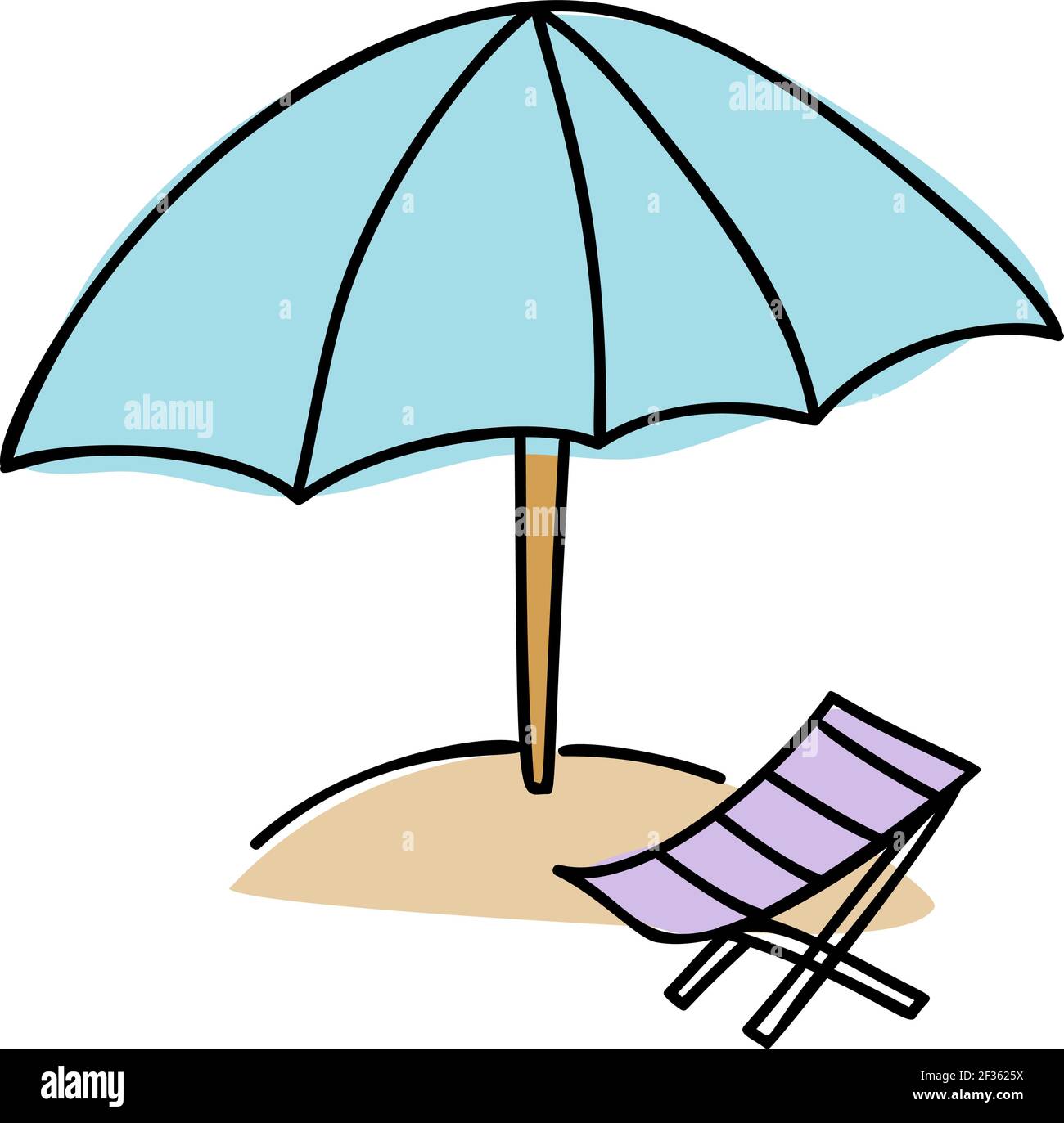 Vektorgrafik Sommerurlaub. Strandszene mit Sonnenschirm und Liegestuhl, flacher Cartoon-Stil Stock Vektor