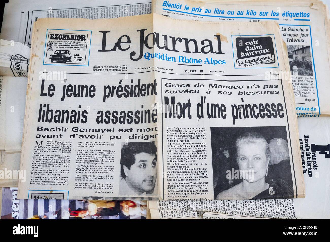 Tod von Bechir Gemayel und Grace Kelly, Zeitung, Frankreich Stockfoto