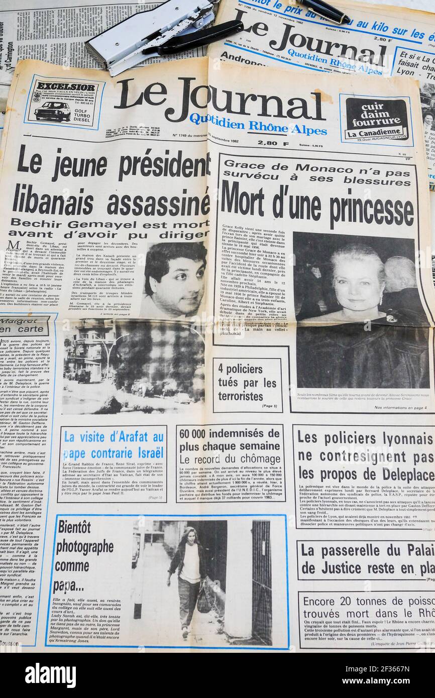 Tod von Bechir Gemayel und Grace Kelly, Zeitung, Frankreich Stockfoto