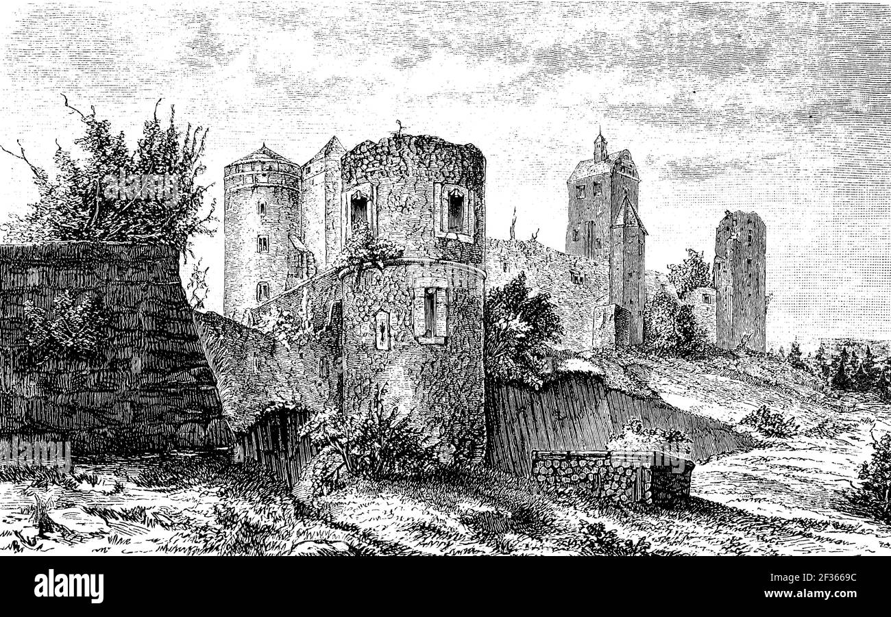 Die Ruinen von Schloss Stolpen in Sachsen, Deutschland, im Jahr 1880 / die Schloßruine Burg Stolpen in Sachsen, Deutschland, im Jahr 1880, Historisch, historisch, Digitale verbesserte Reproduktion eines Originals aus dem 19th. Jahrhundert / digitale Reproduktion einer Originalvorlage aus dem 19. Jahrhundert, Stockfoto