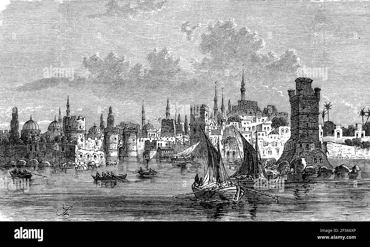 Der Hafen von Rhodos, Insel, Griechenland, 1880 / der Hafen von Rhodos, Insel, Griechenland, im Jahr 1880, Historisch, Historische, digital verbesserte Reproduktion eines Originals aus dem 19th. Jahrhundert / digitale Reproduktion einer Originalvorlage aus dem 19. Jahrhundert, Stockfoto
