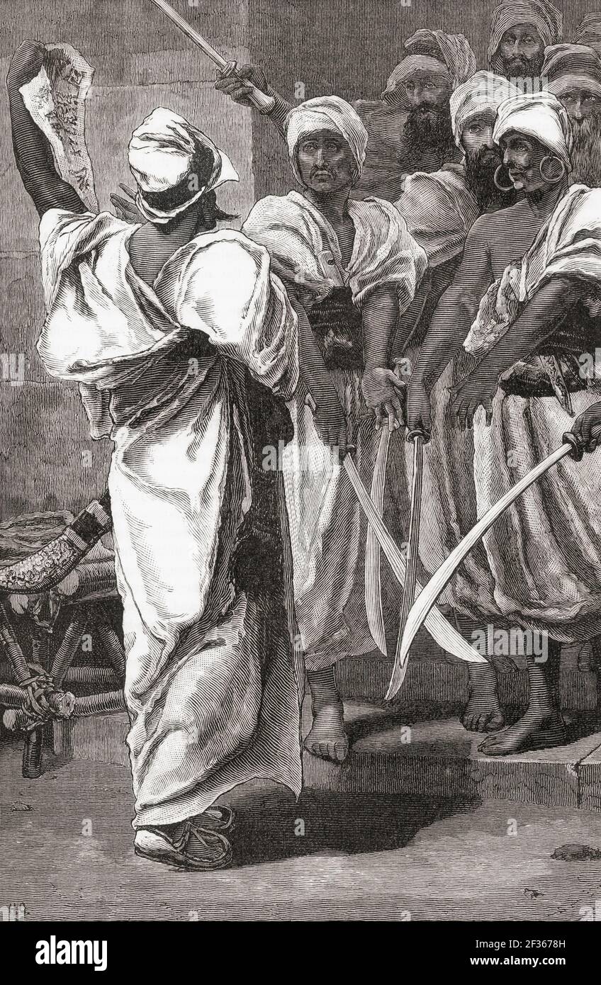 Bagaeus übermittelt seine Botschaften an die persischen Wachen. Bagaeus, ein achämenidischer Adliger, der von Darius I. befohlen wurde, Oroetus oder Oroetes zu töten, benutzte die schriftlichen Befehle von Darius, um sich des Gehorsams der Leibwächter von Oreates zu versichern. Aus Cassells Universal History, veröffentlicht 1888. Stockfoto