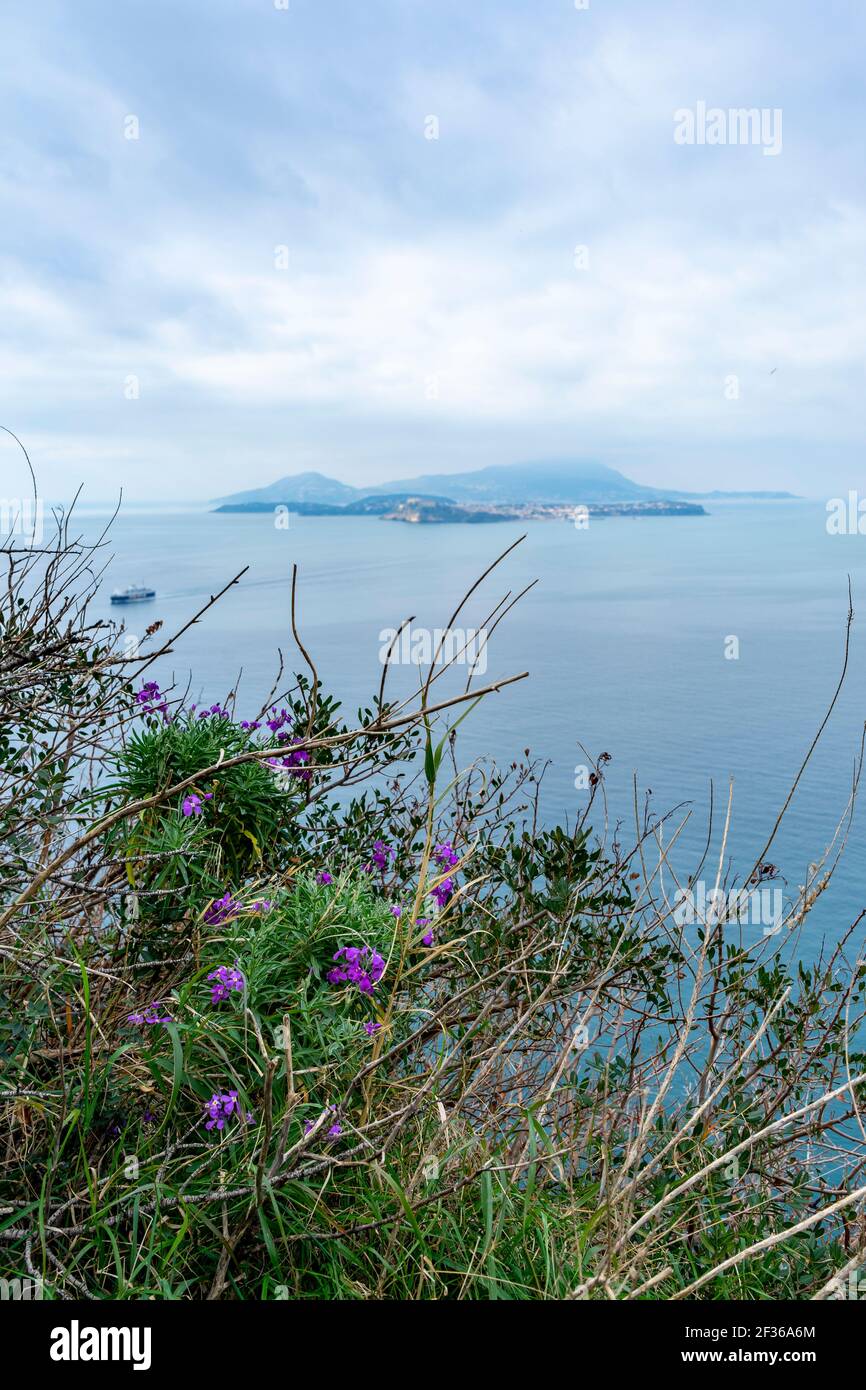 Aussicht vom Wanderweg auf den Leuchtturm Miseno Stockfoto